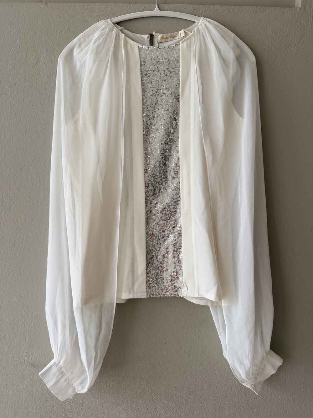 White Sequin-Front Sheer Long-Sleeve Blouse